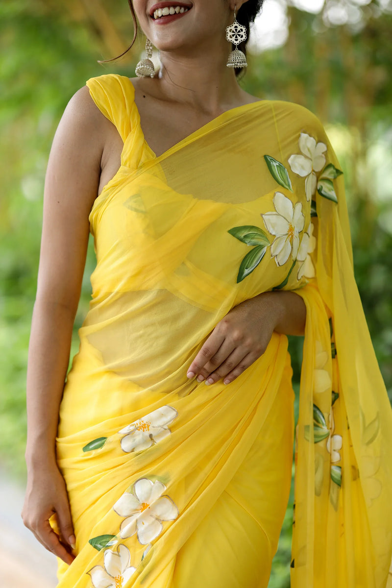 Surya Gul Hand-Painted Pure Chiffon Saree