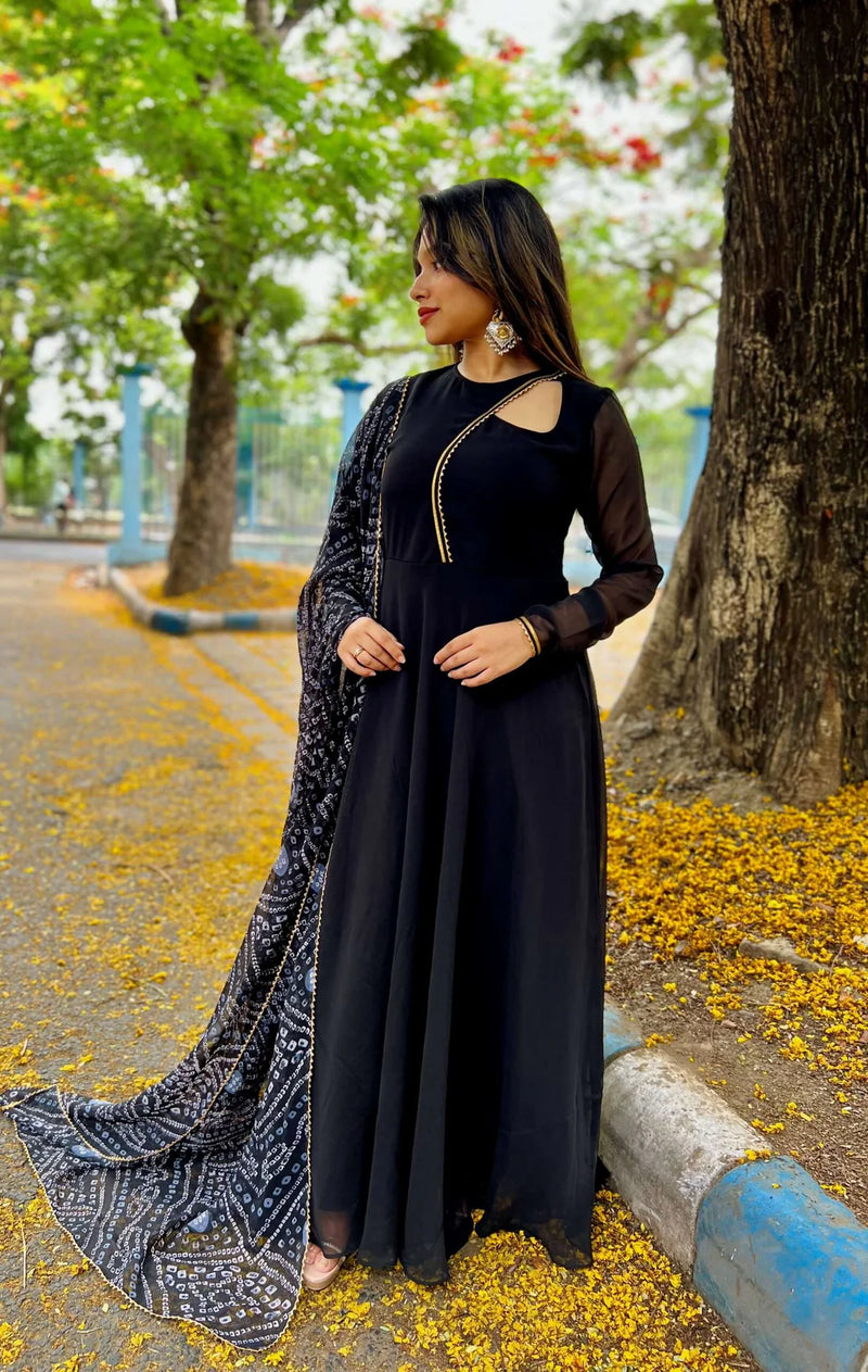 Graceful Navy Blue Bandhani Anarkali with Dupatta