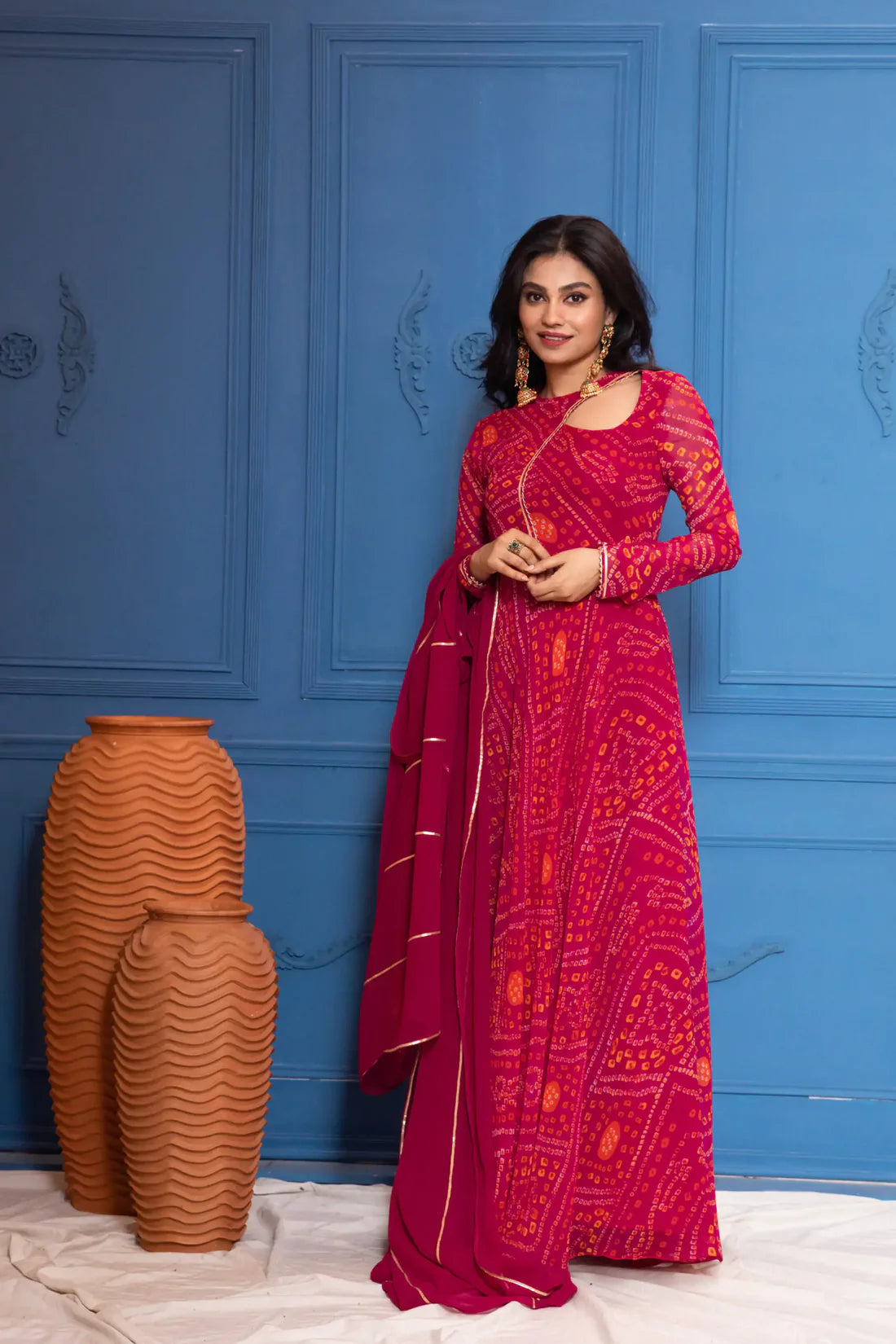 Graceful Navy Blue Bandhani Anarkali Outfit