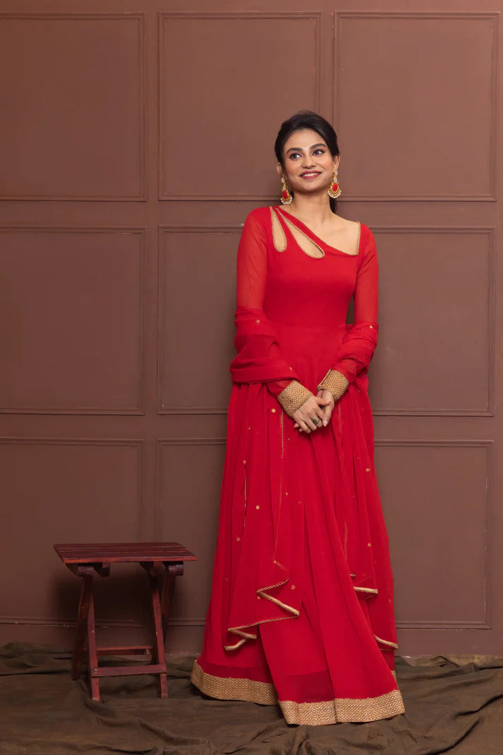 Chanderi Red Petal Neck Anarkali with Dupatta