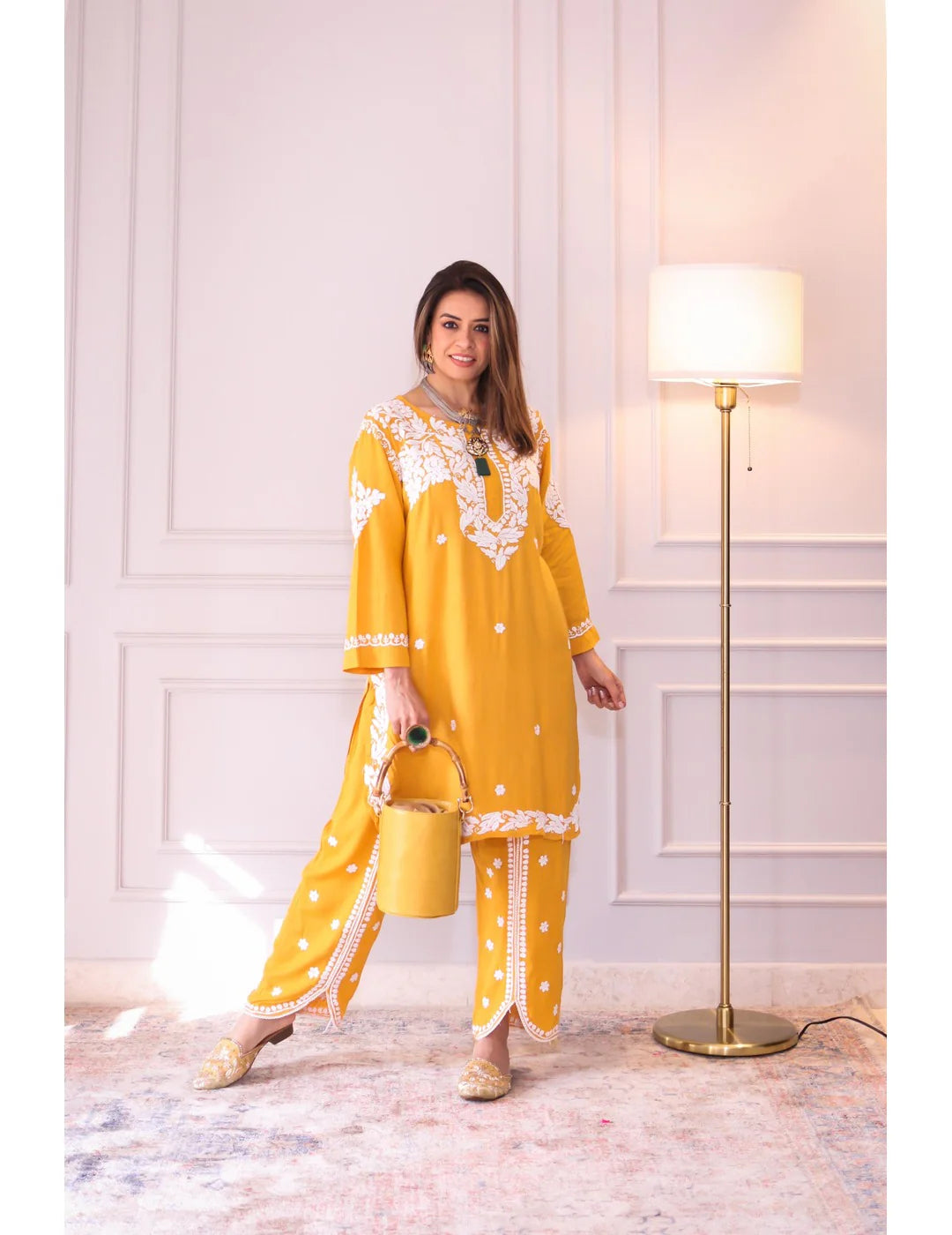 Mustard Modal Cotton Chikankari Tulip Set