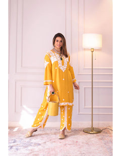 Mustard Modal Cotton Chikankari Tulip Set