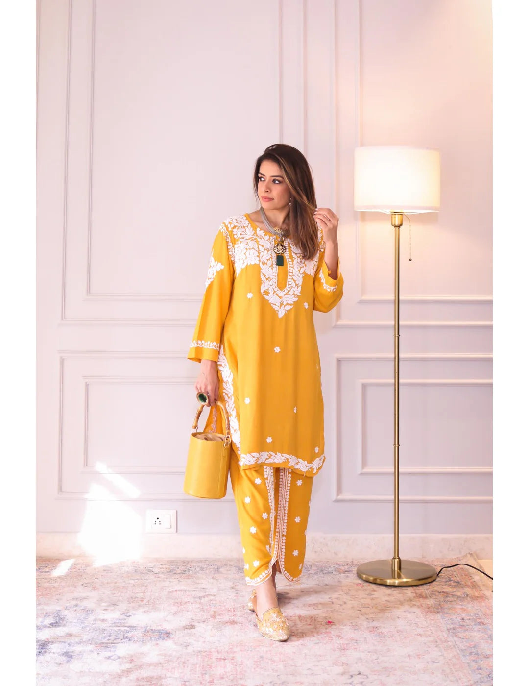 Mustard Modal Cotton Chikankari Tulip Set