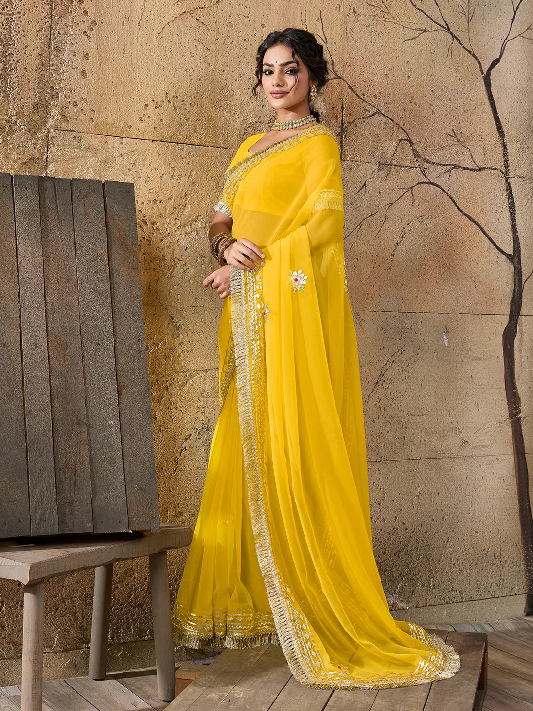 Pure Georgette Kaccha Gotapatti Work Traditional Saree