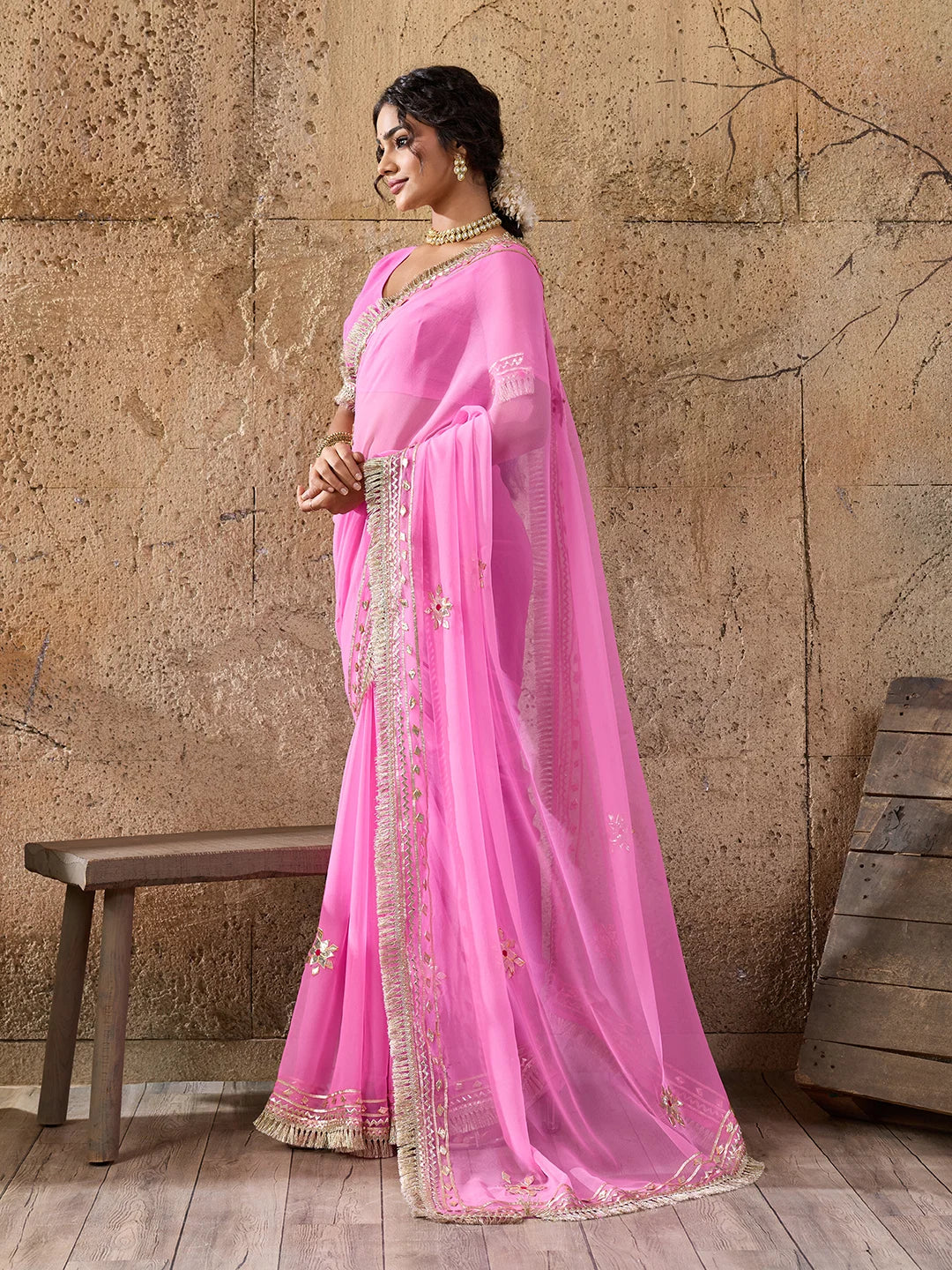 Pure Georgette Kaccha Gotapatti Work Traditional Saree