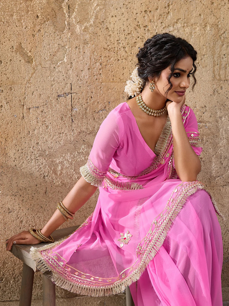 Pure Georgette Kaccha Gotapatti Work Traditional Saree