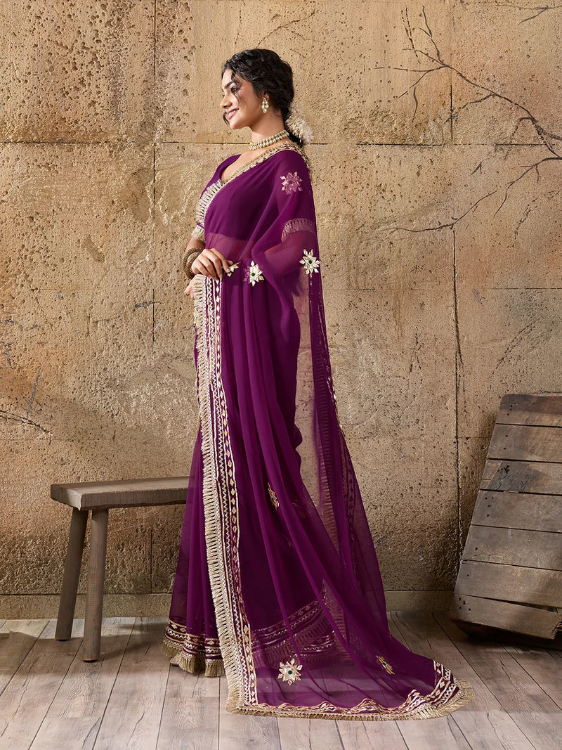 Pure Georgette Kaccha Gotapatti Work Traditional Saree
