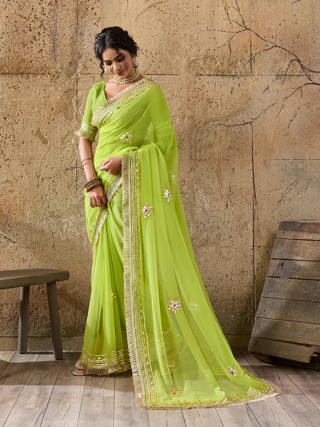 Pure Georgette Kaccha Gotapatti Work Traditional Saree