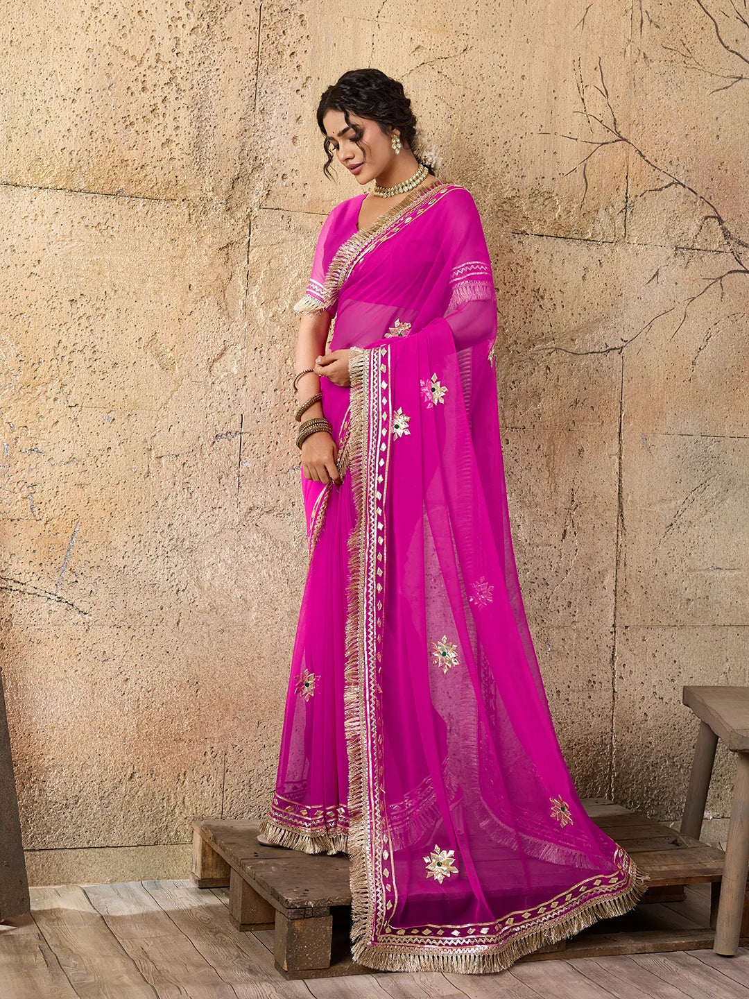 Pure Georgette Kaccha Gotapatti Work Traditional Saree