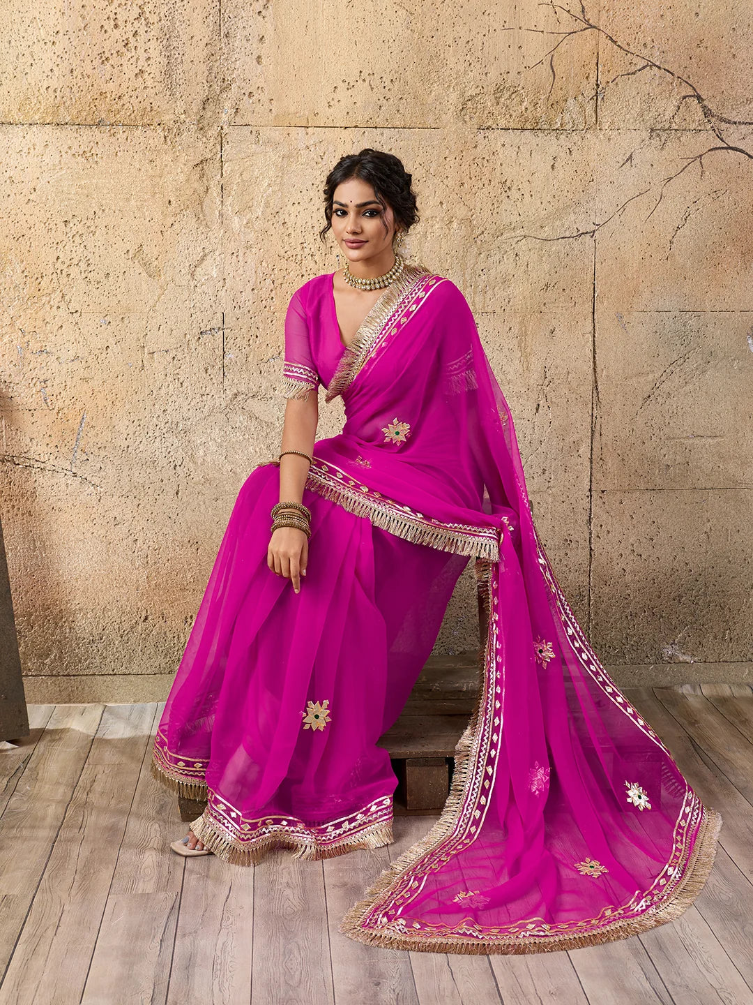 Pure Georgette Kaccha Gotapatti Work Traditional Saree