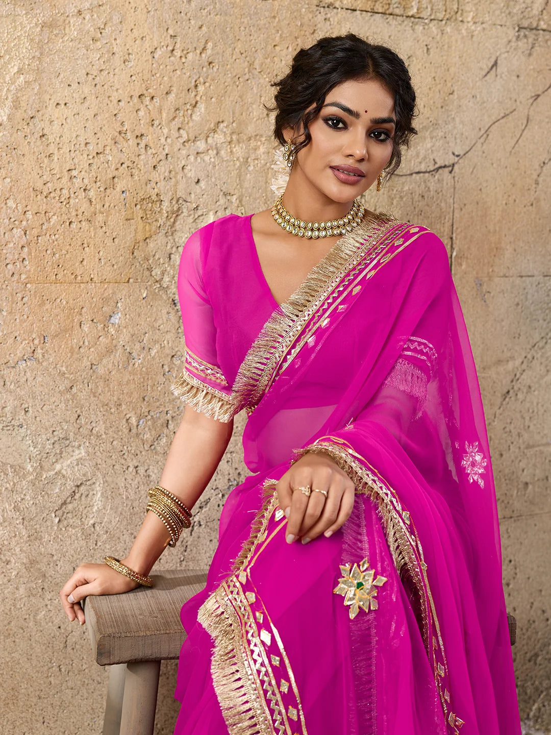 Pure Georgette Kaccha Gotapatti Work Traditional Saree