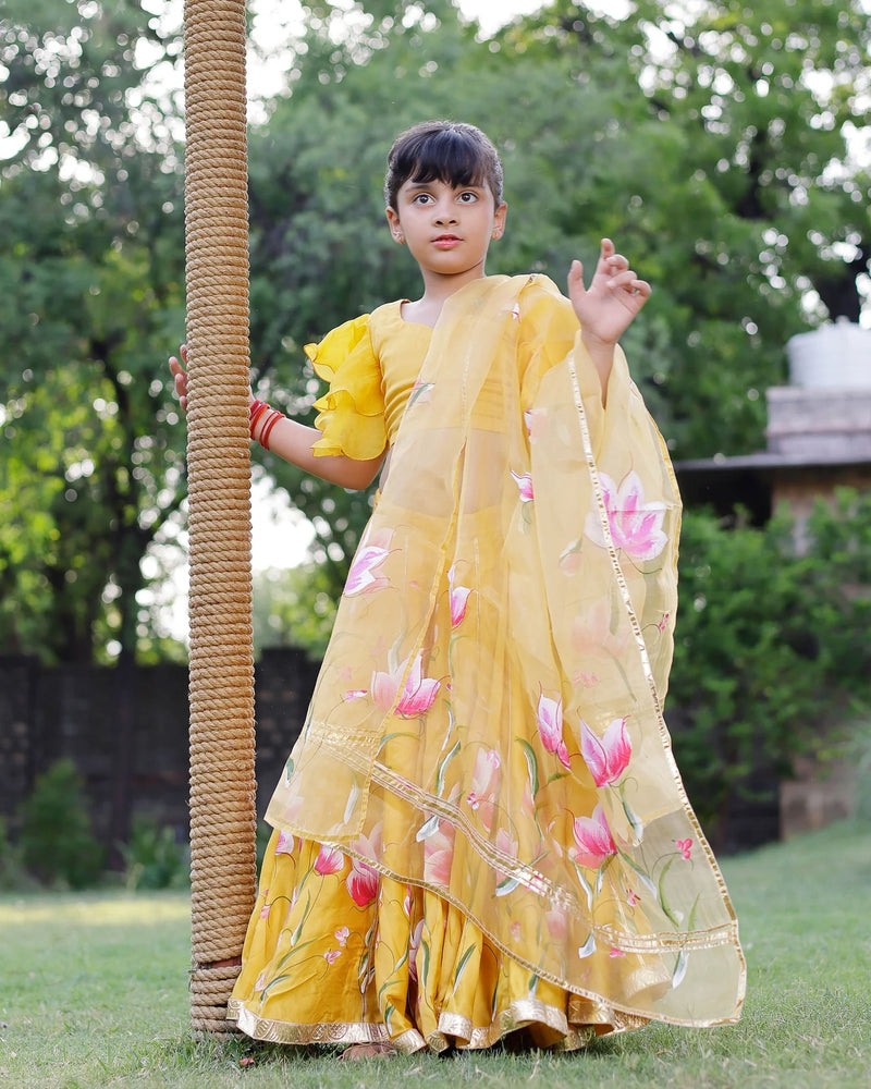 Yellow Daria Satin Handpainted Lehenga Set