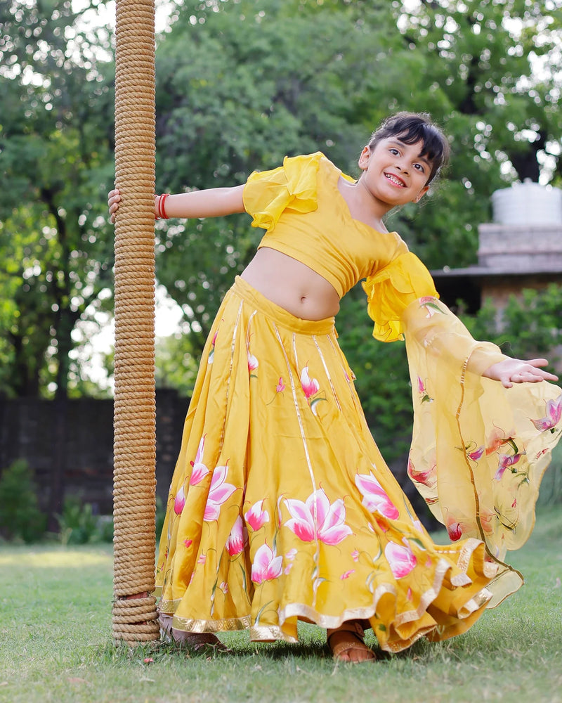 Yellow Daria Satin Handpainted Lehenga Set