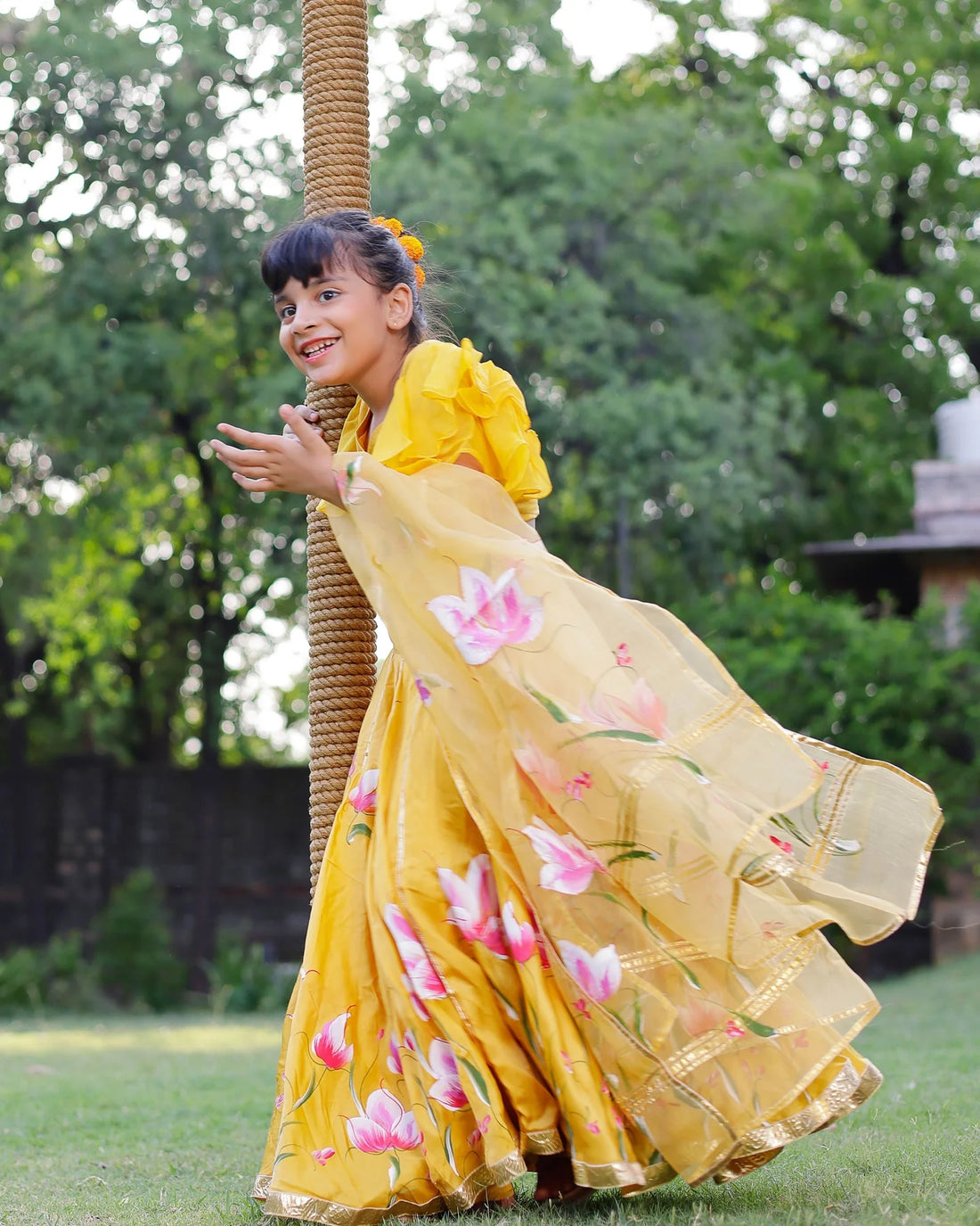 Yellow Daria Satin Handpainted Lehenga Set