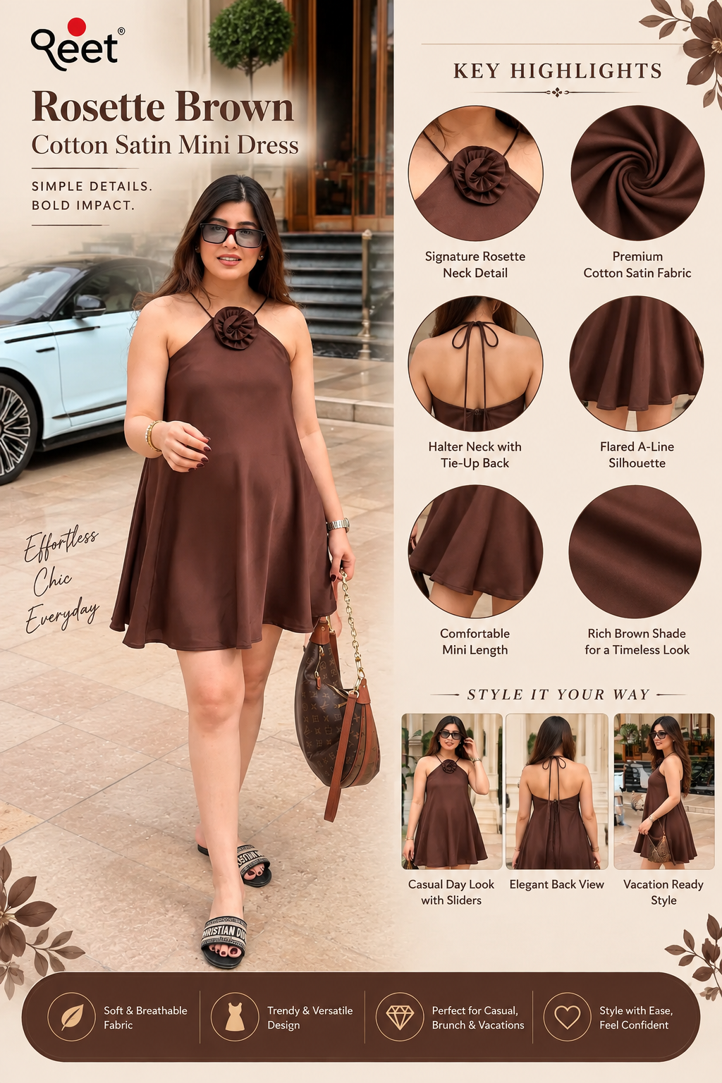 Rosette Brown Cotton Satin Mini Dress