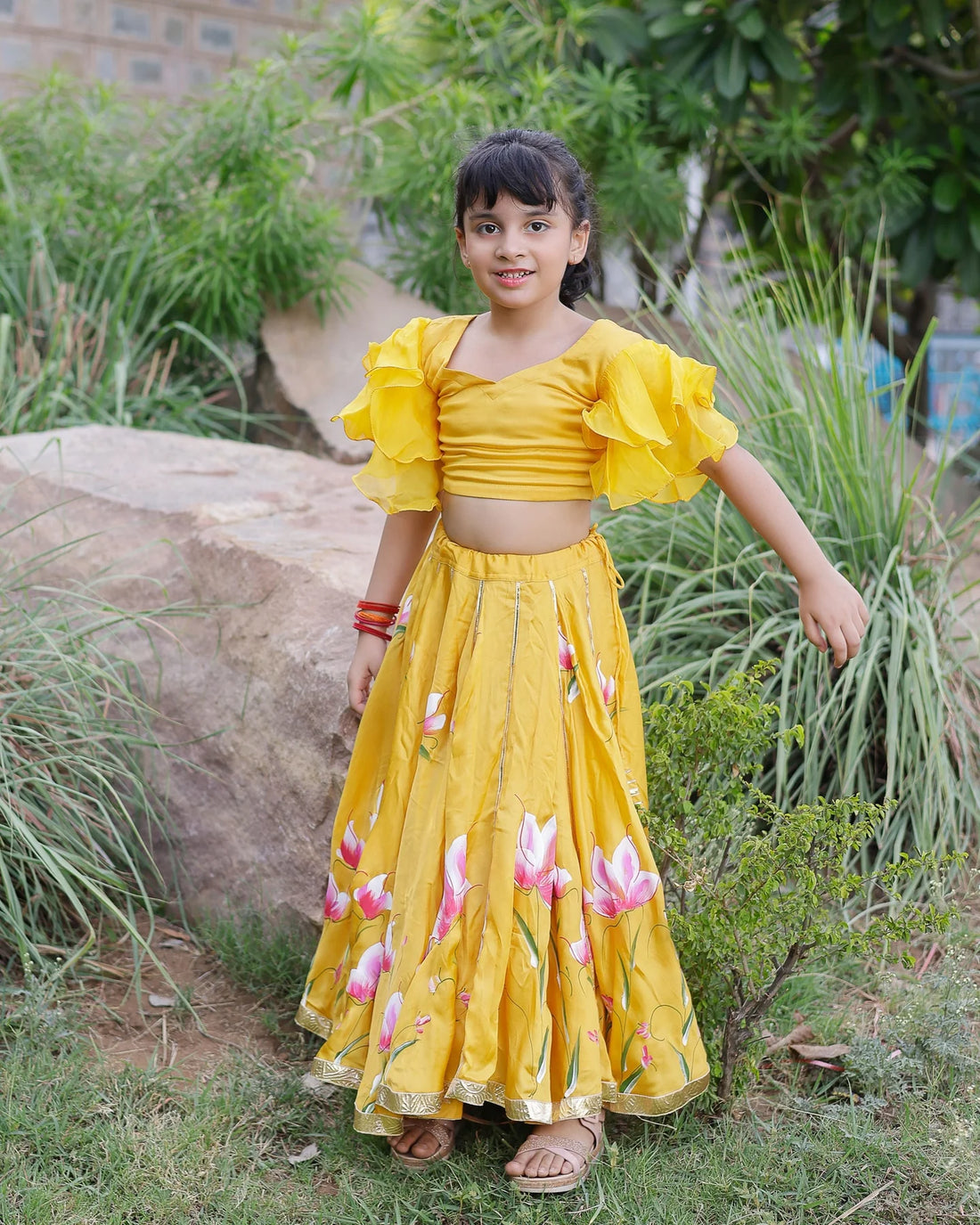 Yellow Daria Satin Handpainted Lehenga Set