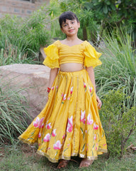 Yellow Daria Satin Handpainted Lehenga Set