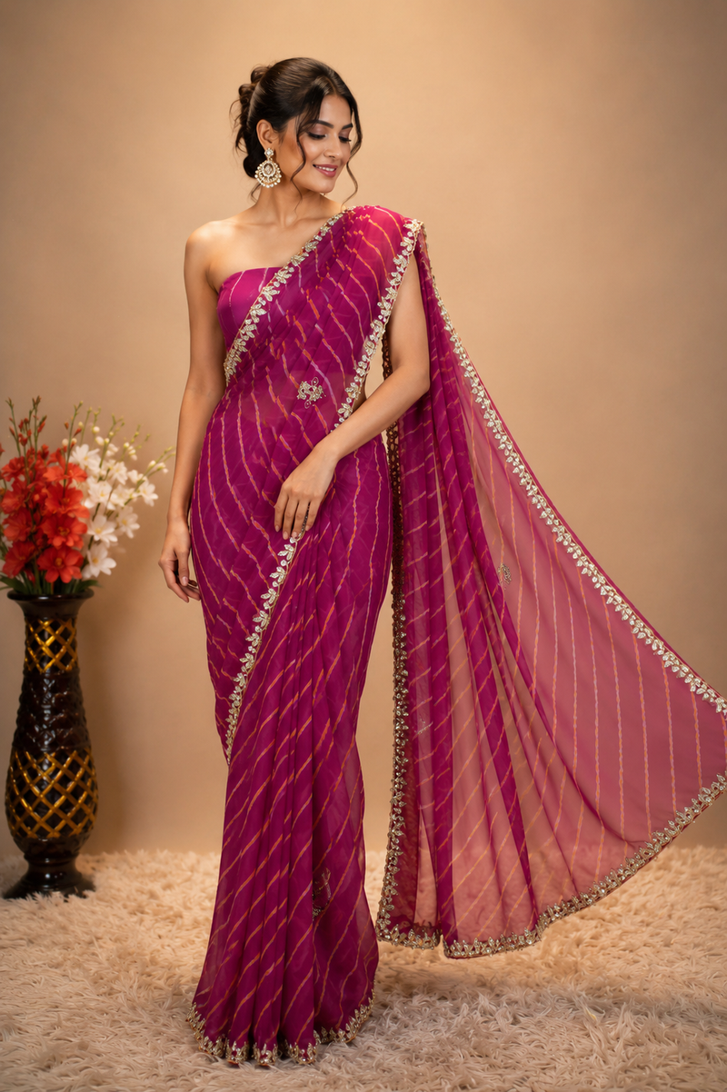 Ruby Leheriya Saree with Gota Patti Handwork