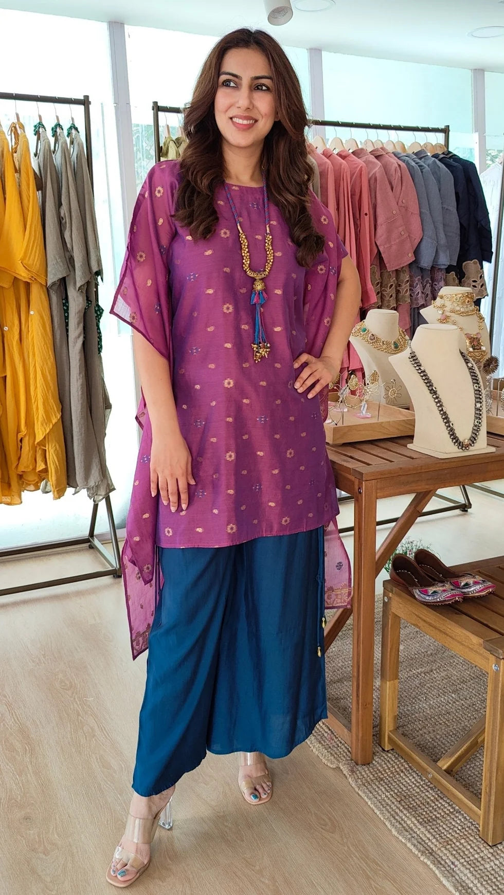 Noor-e-Rang Banarasi Jamdani Kaftan Set with Camisole & Neckpiece
