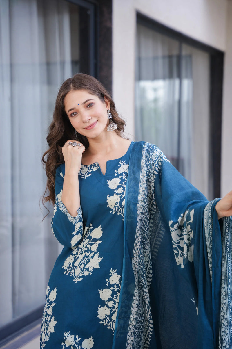 Ramya Blue Cotton Suit Set- By Reet Lifestyle