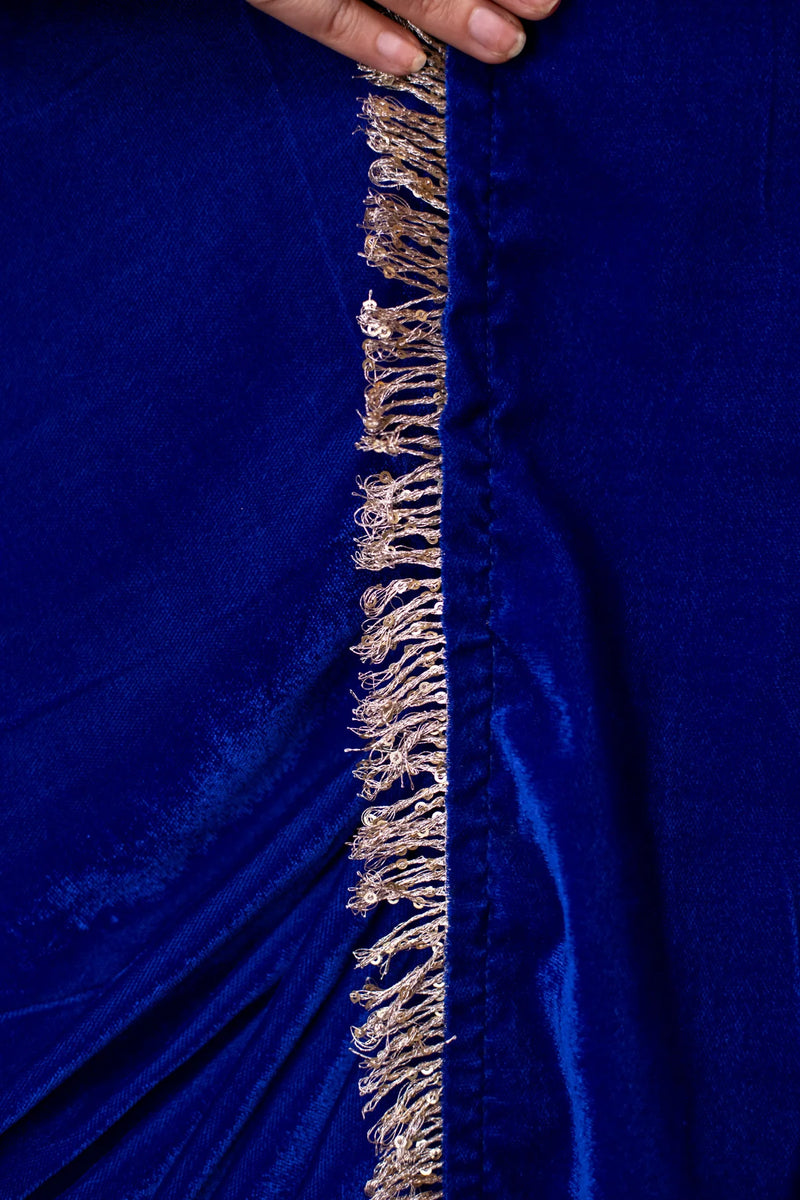 Velvet Electric Blue Ready-to-Wear Saree- By Reet Lifestyle