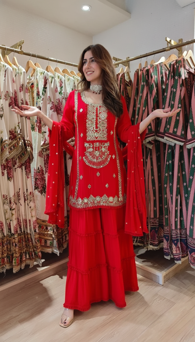 Champagne Grey Mirror Work Sharara Set