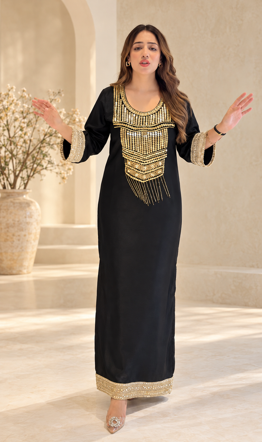 Noor-E-Shaam Black Gold Embroidered Kaftan Dress