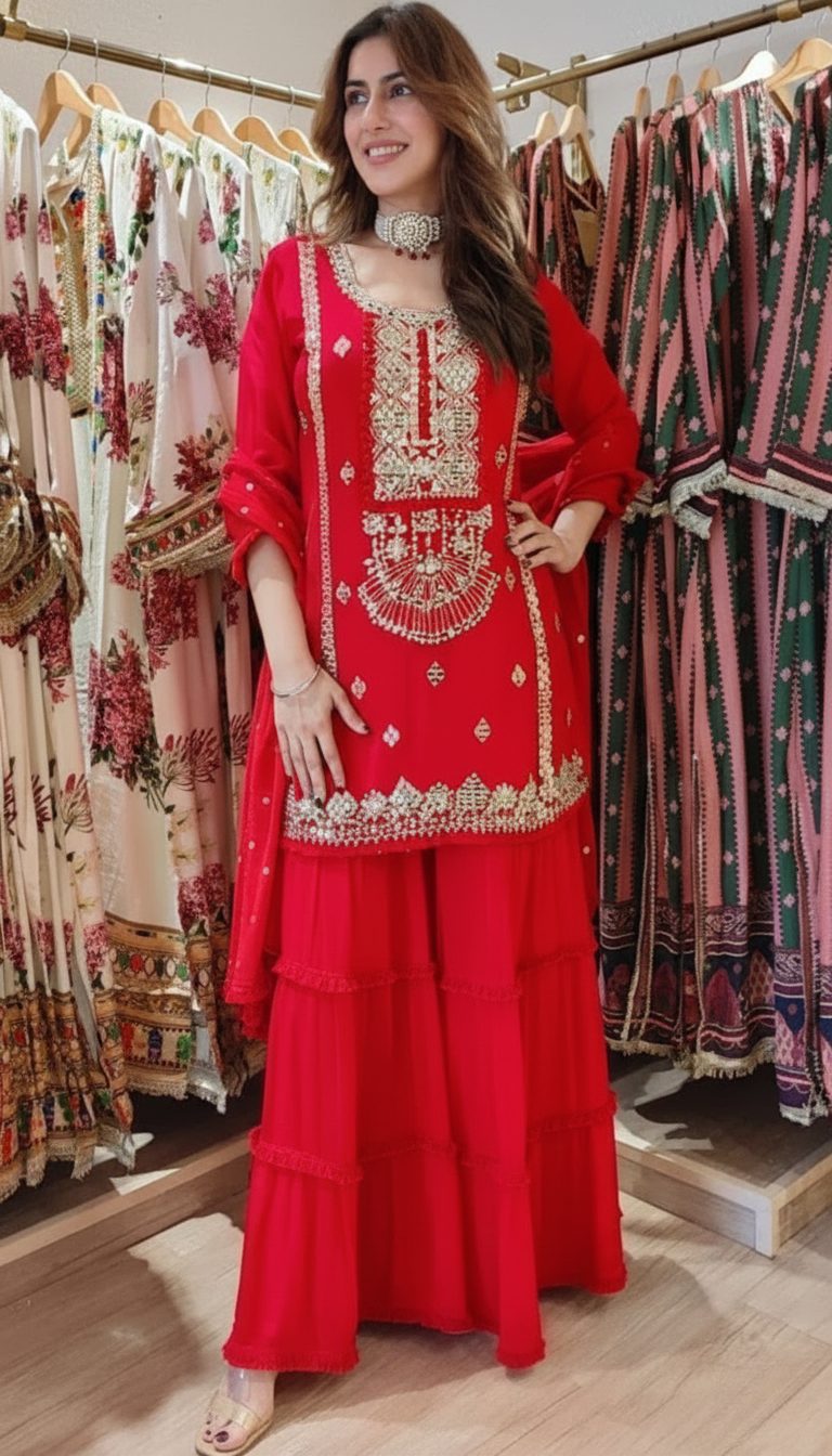 Champagne Grey Mirror Work Sharara Set