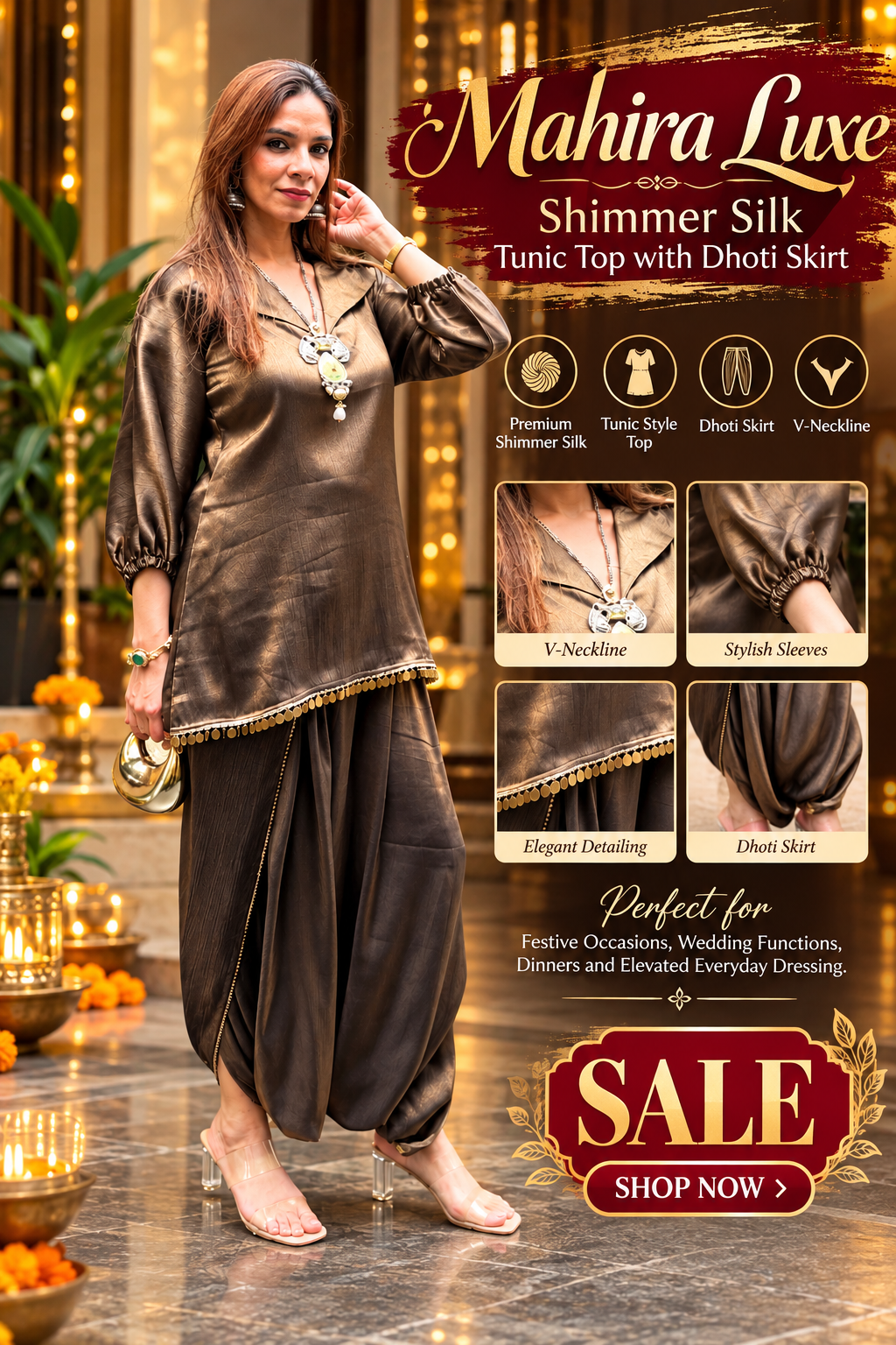 Mahira Luxe Shimmer Silk Tunic Top with Dhoti Skirt