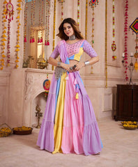 Light Multi Color Chaniya  Choli With Kutchi Patch & Mirror Work For Navratri