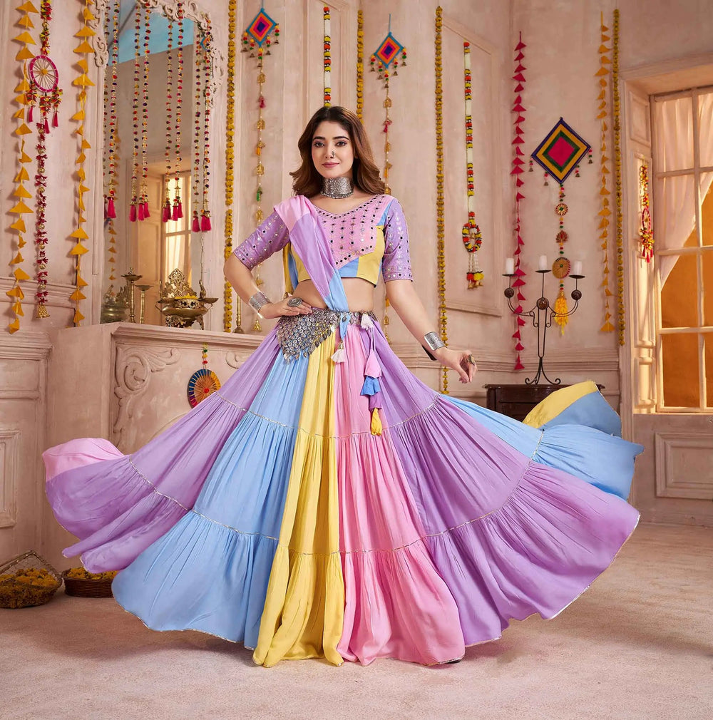 Light Multi Color Chaniya  Choli With Kutchi Patch & Mirror Work For Navratri
