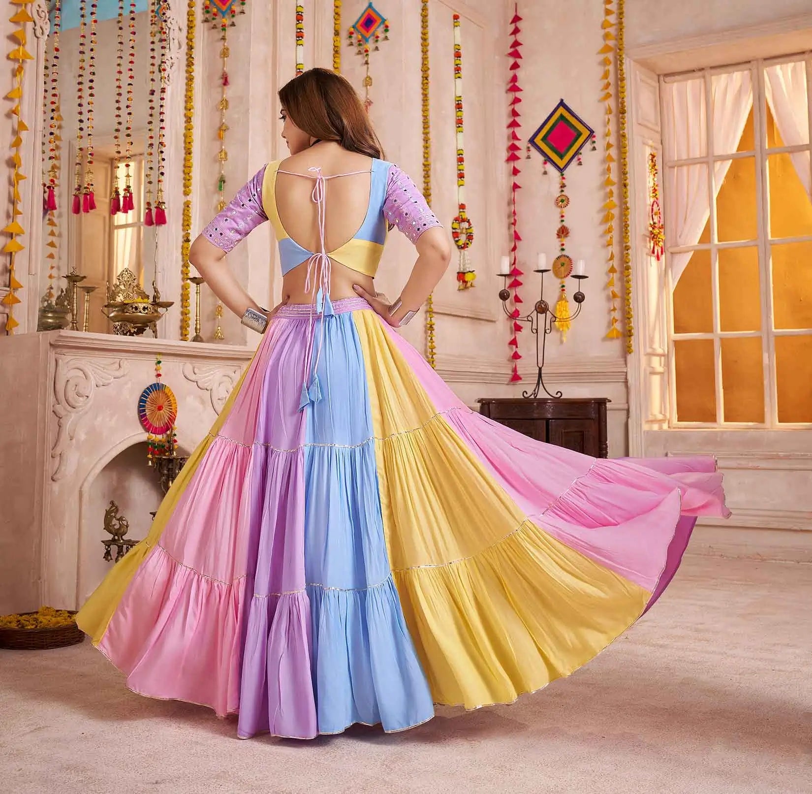 Light Multi Color Chaniya  Choli With Kutchi Patch & Mirror Work For Navratri