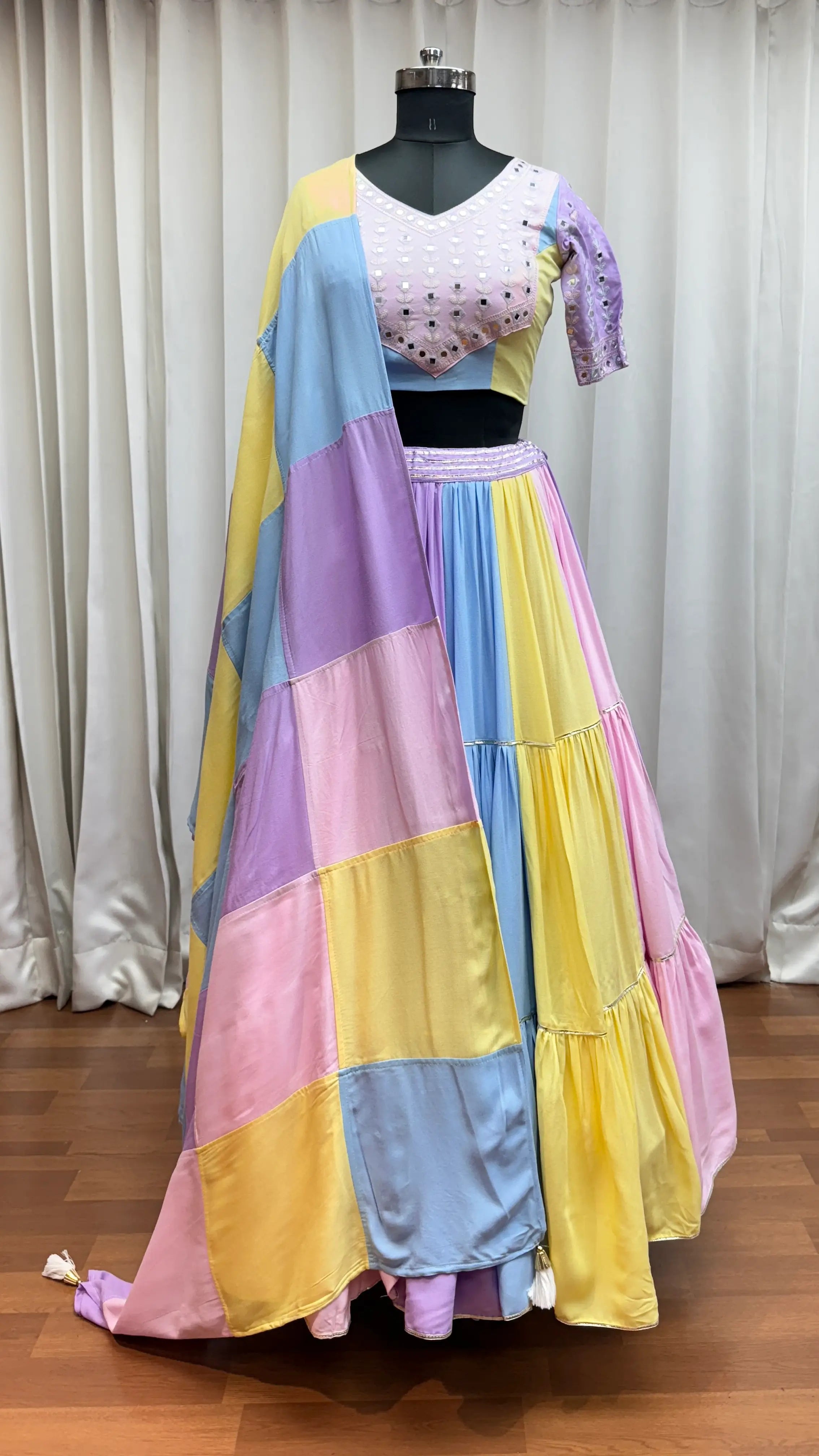 Light Multi Color Chaniya  Choli With Kutchi Patch & Mirror Work For Navratri