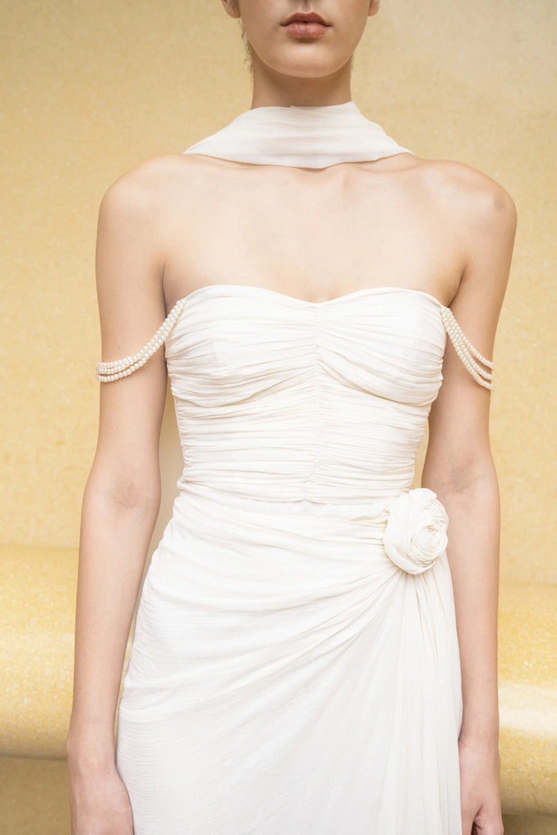 Ivory Pearl Cascade Off-Shoulder Gown