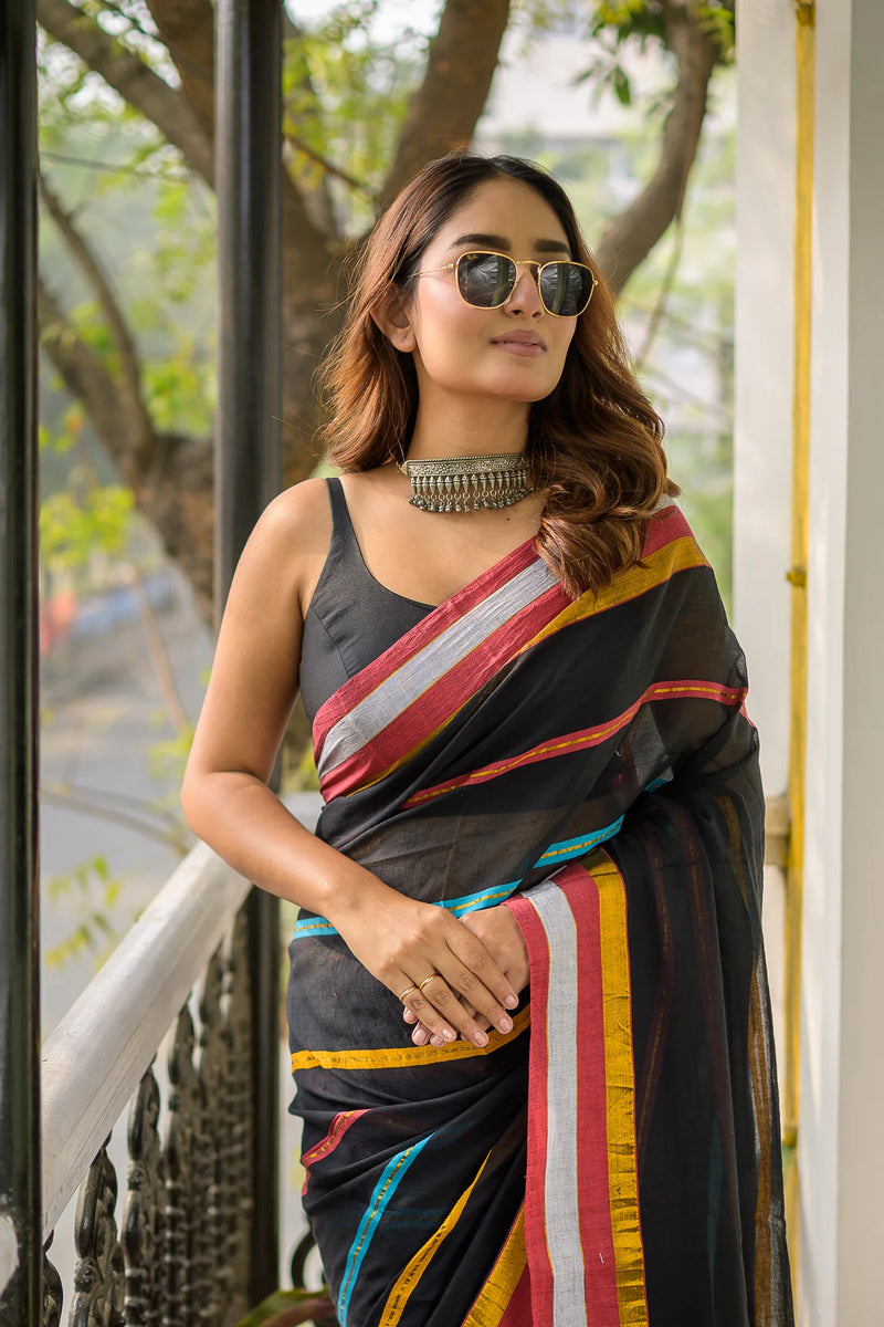 Black Heritage Stripe Mul Cotton Saree