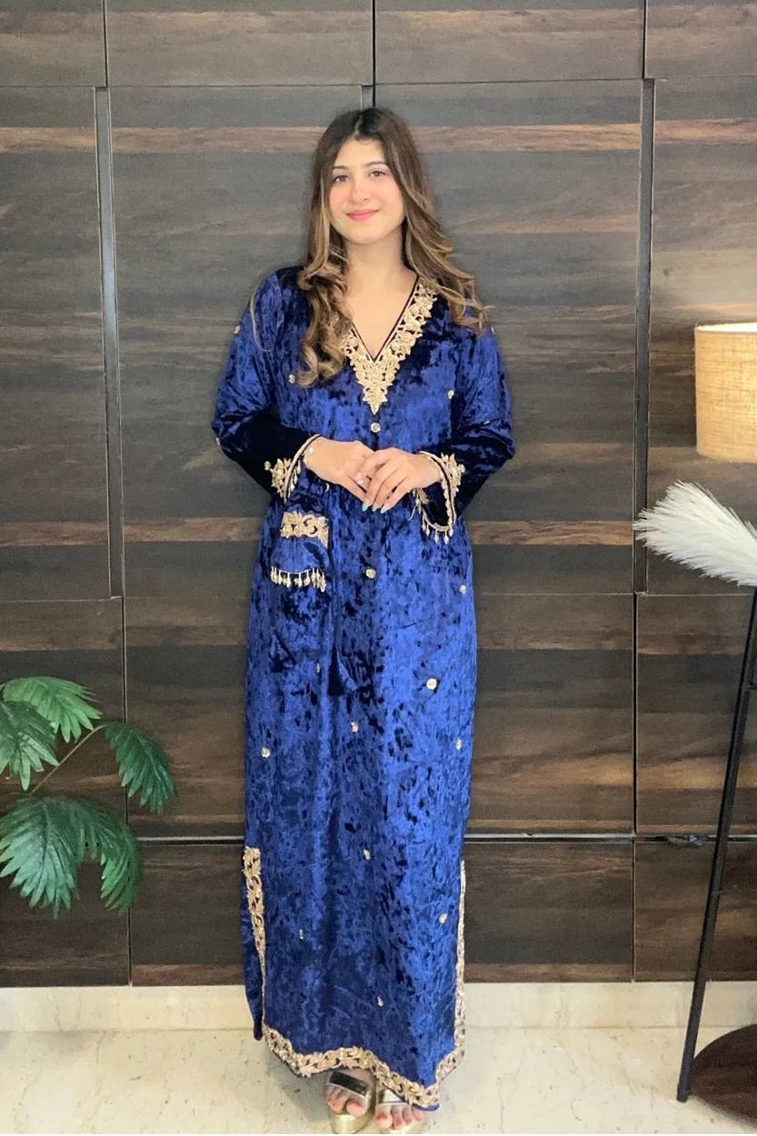 Royal Blue Velvet Indo-Western Kaftan Dress With Potli Bag