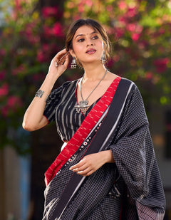 Cotton Checkered  Contrasting Red Ikat Border  Saree with Blouse