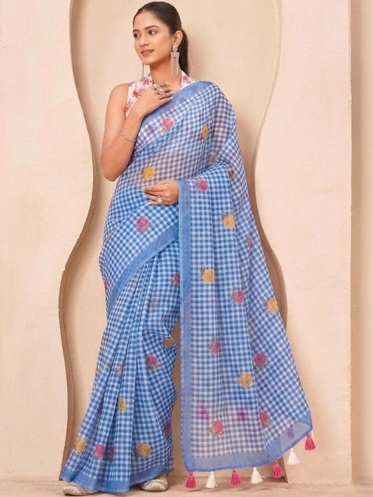 Silk  Floral Checked Woven Design Border Saree