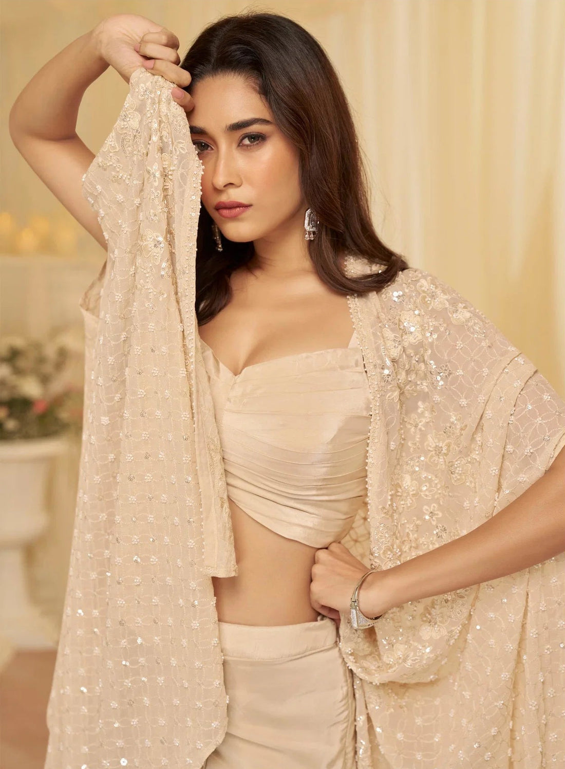 Ivory Embroidered Blouse, Palazzo & Jacket Set