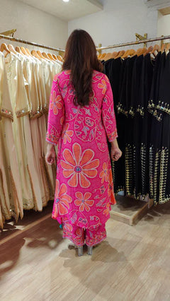 Fuchsia Pink Muslin Silk Floral Butterfly Kurta Pant Co-ord Set