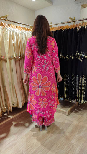 Fuchsia Pink Muslin Silk Floral Butterfly Kurta Pant Co-ord Set