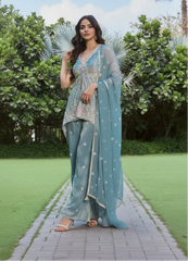 Powder Blue Front-Cut Western Kurta Set
