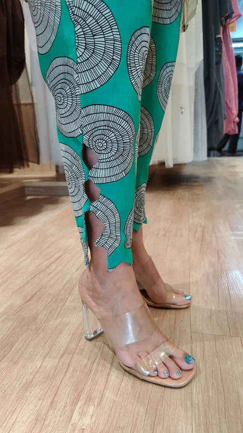 Ivory Cotton Flex Short Kurta with Green Printed Pant Set