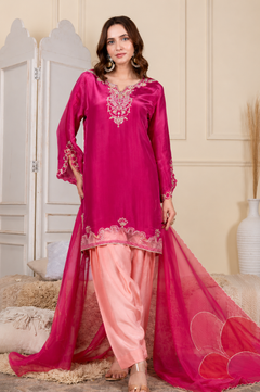 Pink Handwork Farshi Salwar Set with Organza Dupatta