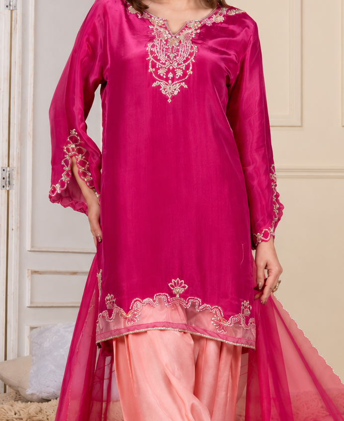 Pink Handwork Farshi Salwar Set with Organza Dupatta