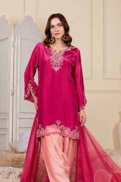 Pink Handwork Farshi Salwar Set with Organza Dupatta