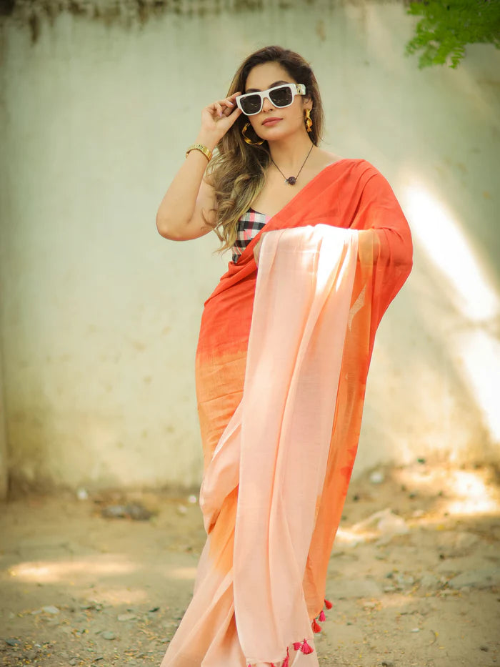 Peach Sunset Tie-Dye Mul Mul Cotton Saree
