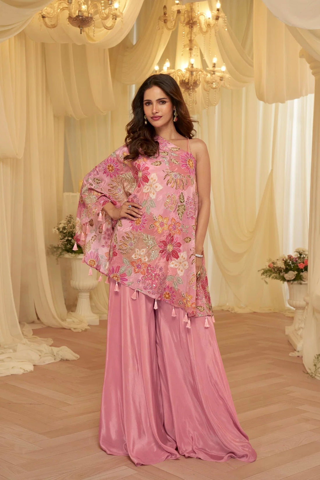 Blush Bloom Embroidered Viscose Crepe Palazzo Set