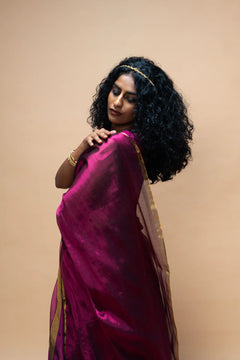 Handwoven Tissue Dark Pink Saree with Multicoloured Striped Border