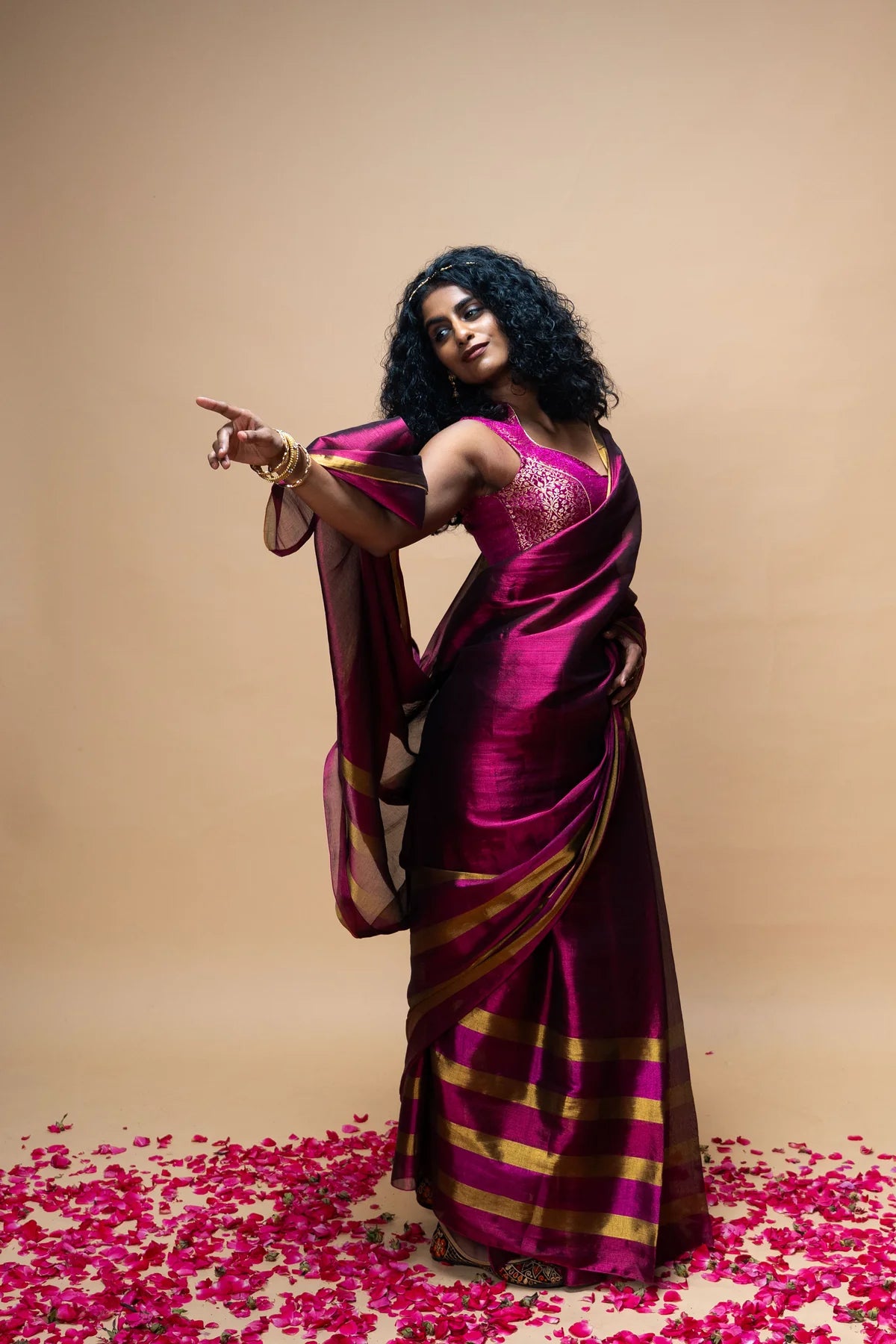 Handwoven Tissue Dark Pink Saree with Multicoloured Striped Border
